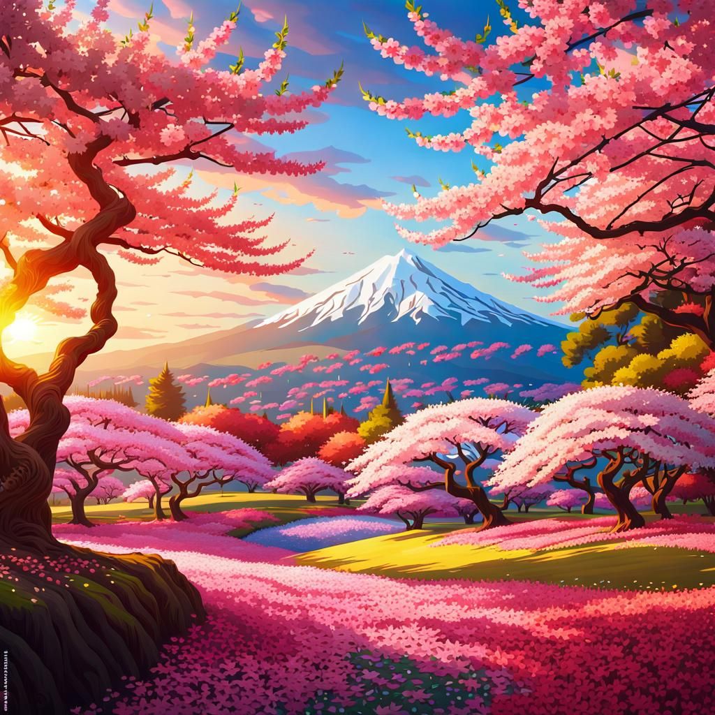 Mount Fuji Cherry Tree Blossom Oil Painting