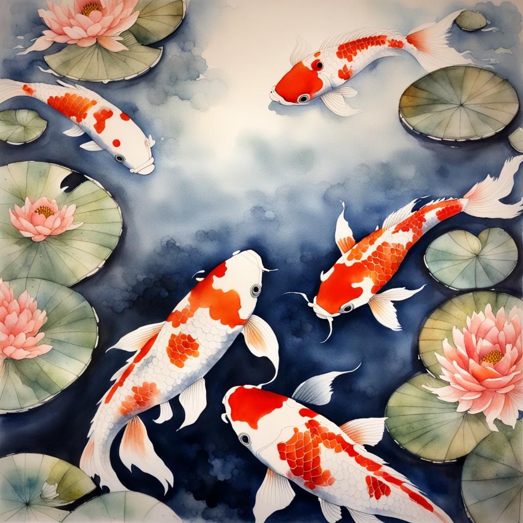 Japanese Koi Fish in Watercolor Pond