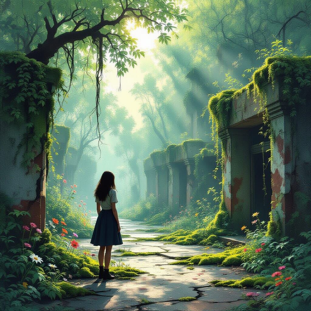 Woman in Overgrown City Park, Mixed Media Collage