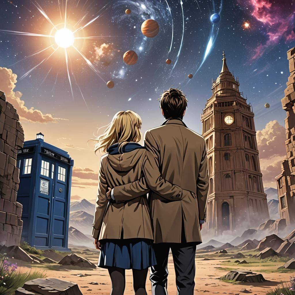 Doctor Who and Rose Tyler Gaze at the TARDIS