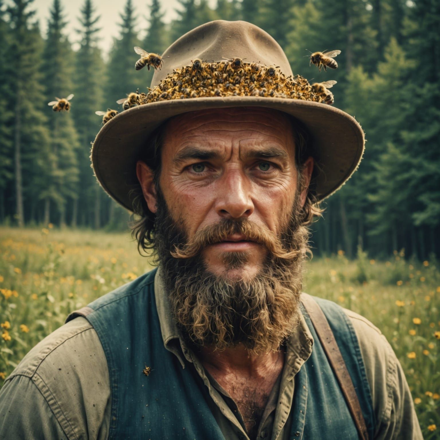Hillbilly with Bee Beard in Cinematic Film Still