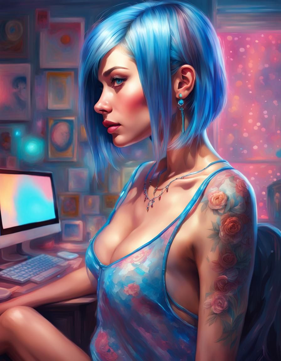 Beautiful Woman in Bikini Working at Computer