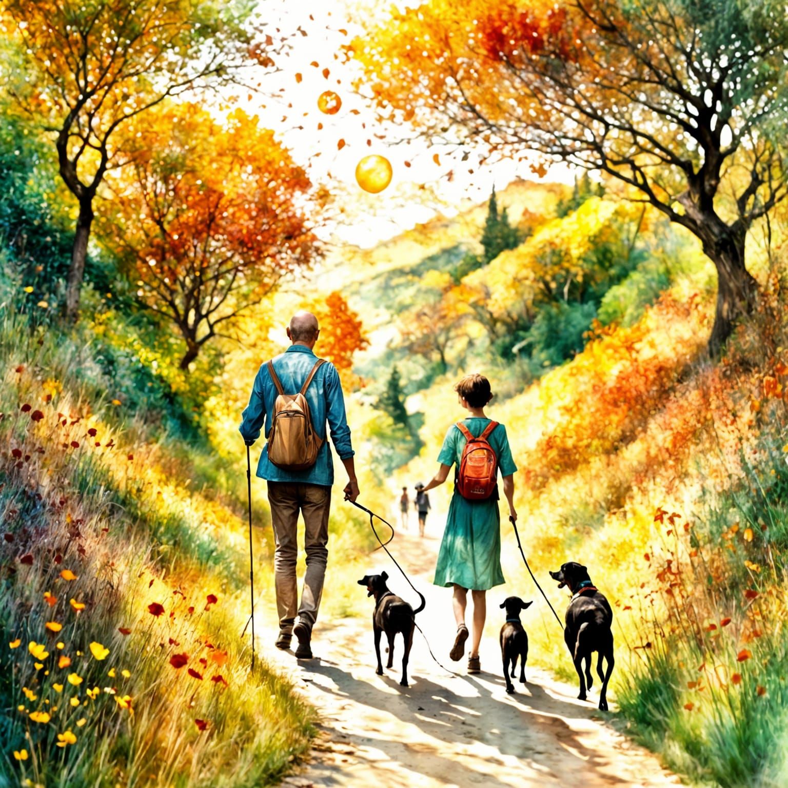 Man and Girl Walking with Dogs in Liquid Ink Style