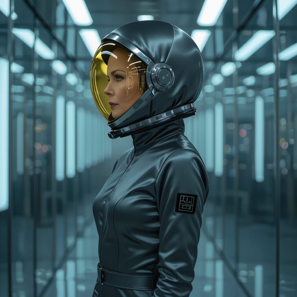 Woman in Satin Spacesuit, Matte Painting Style