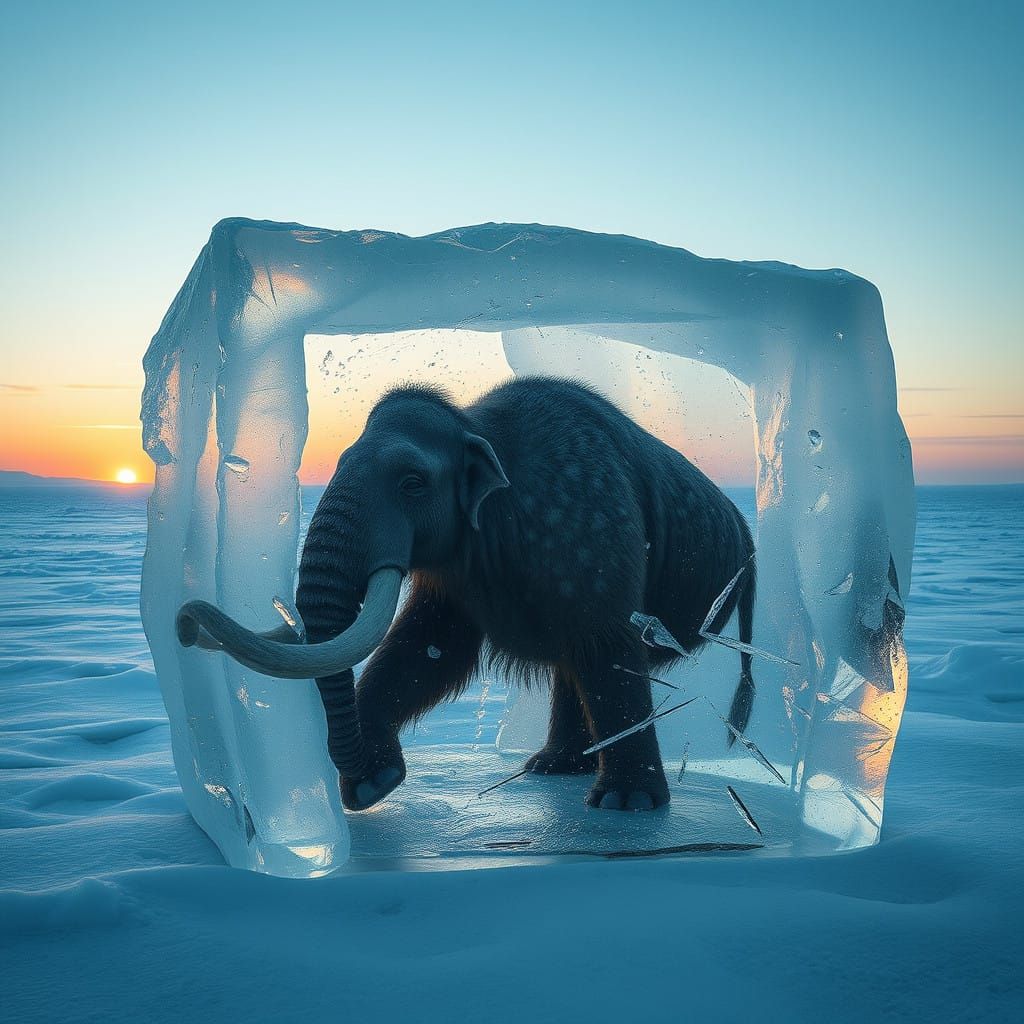 Surreal Mammoth Frozen in Crystal Ice at Sunset