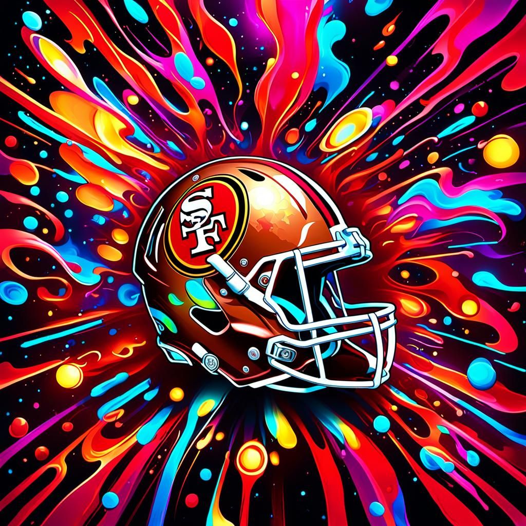 Neon 49ers Helmet with Abstract Cosmic Background