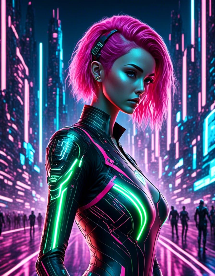 cartoon animation comic Anime pink haired Woman in TRON style red and green glowing bodysuit in computer themed cityscap...