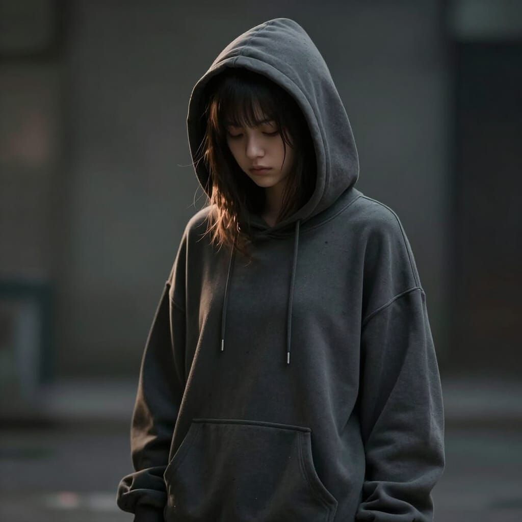 Mysterious Girl in Gray Hoodie, Cinematic Concept Art