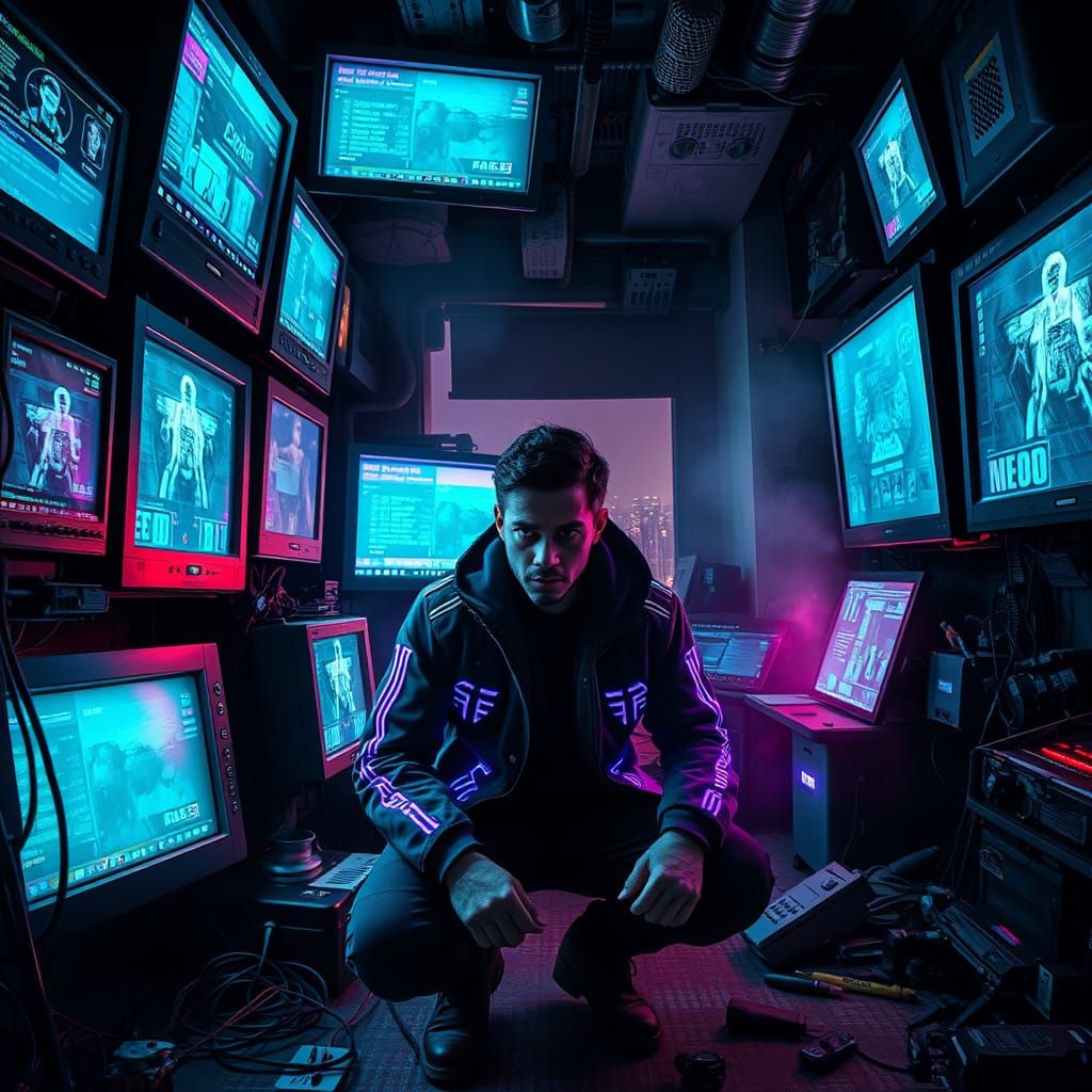 Cyberpunk Man in a Cluttered Room