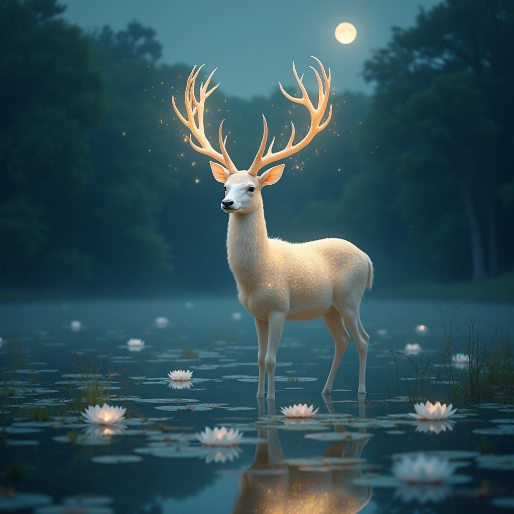 Ethereal Deer in Moonlit Lake with Star Antlers