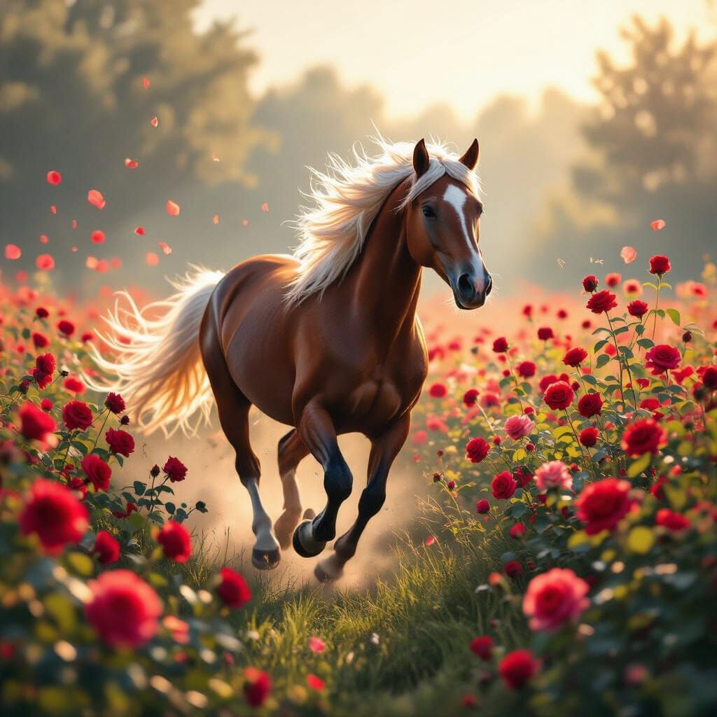 Majestic Horse Gallops Towards Vibrant Rose Field
