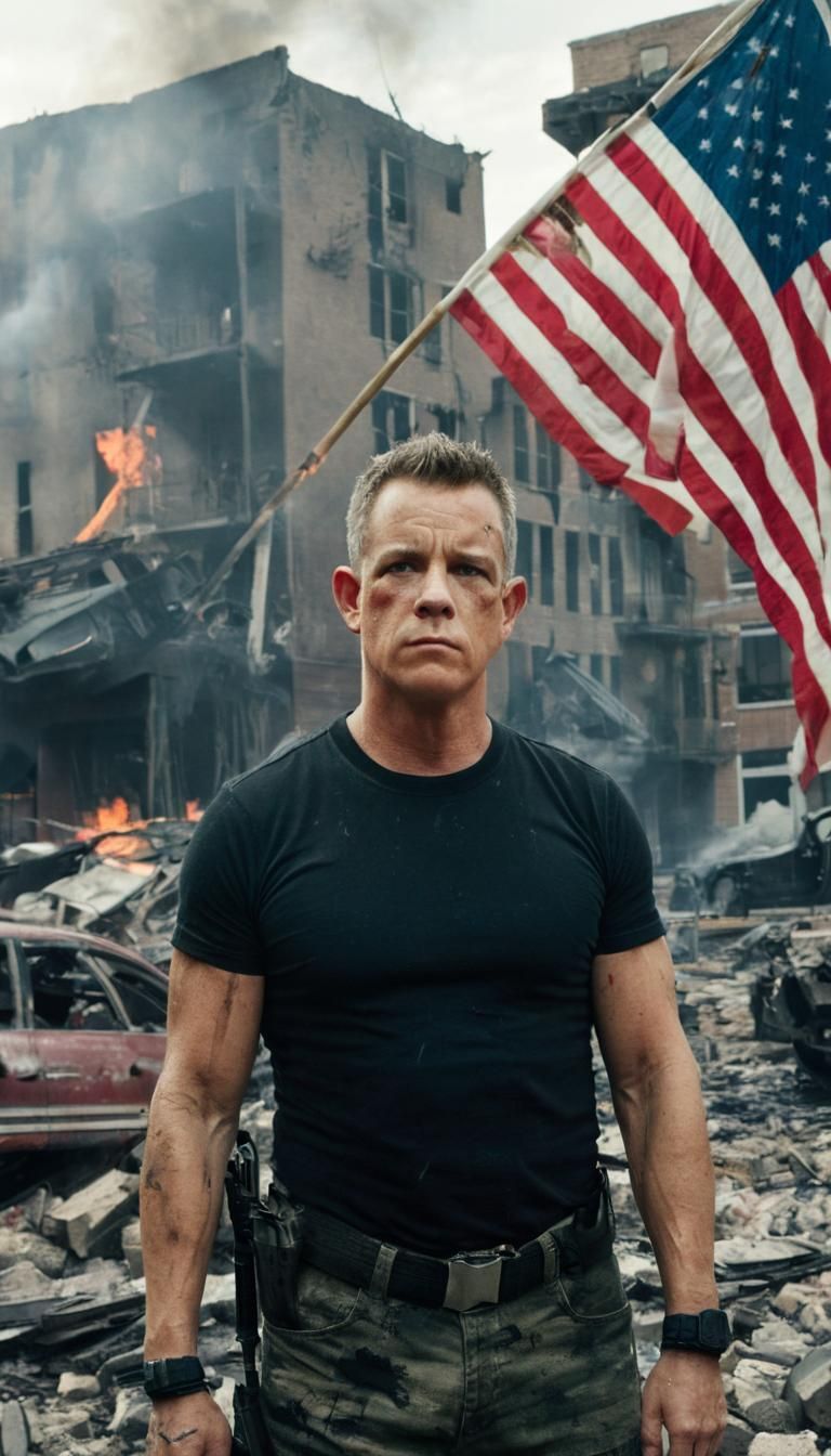 Post-Apocalyptic Soldier with Rifle in Ruined City