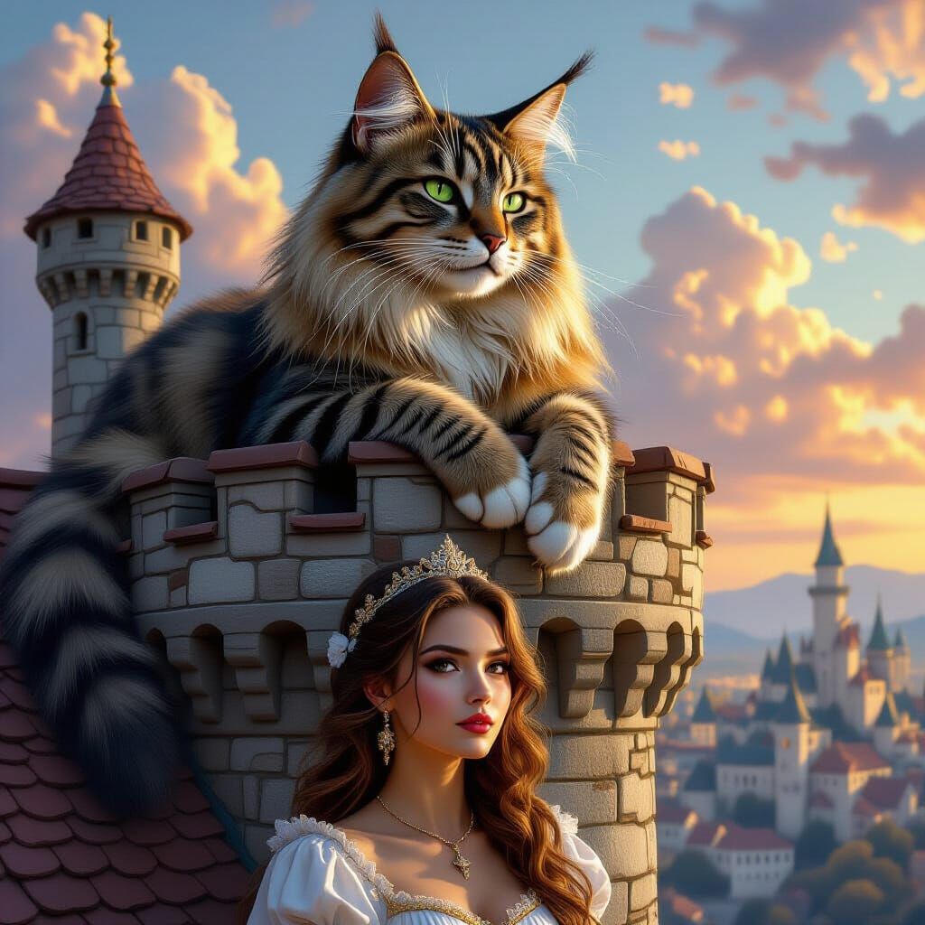 Majestic Cat-Woman Overlord on Castle Roof