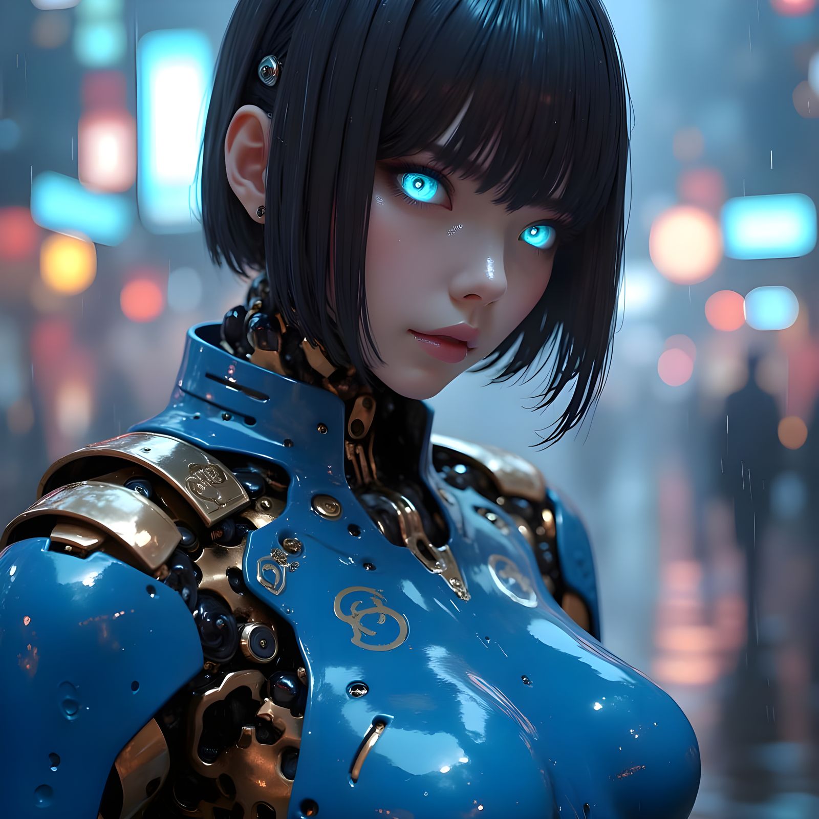 Cyberpunk Korean Gynoid in Neon-Lit Seoul Cityscape