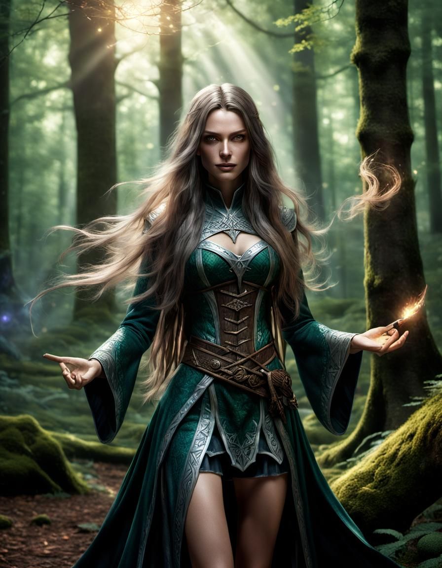Hyperrealistic Female Wizard in Forest Scene