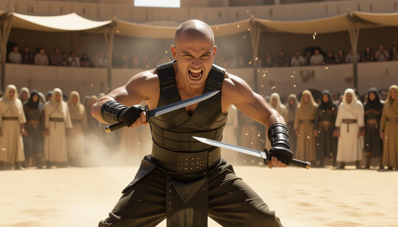 Dynamic Knife Fight in Gladiator Arena, Black and White