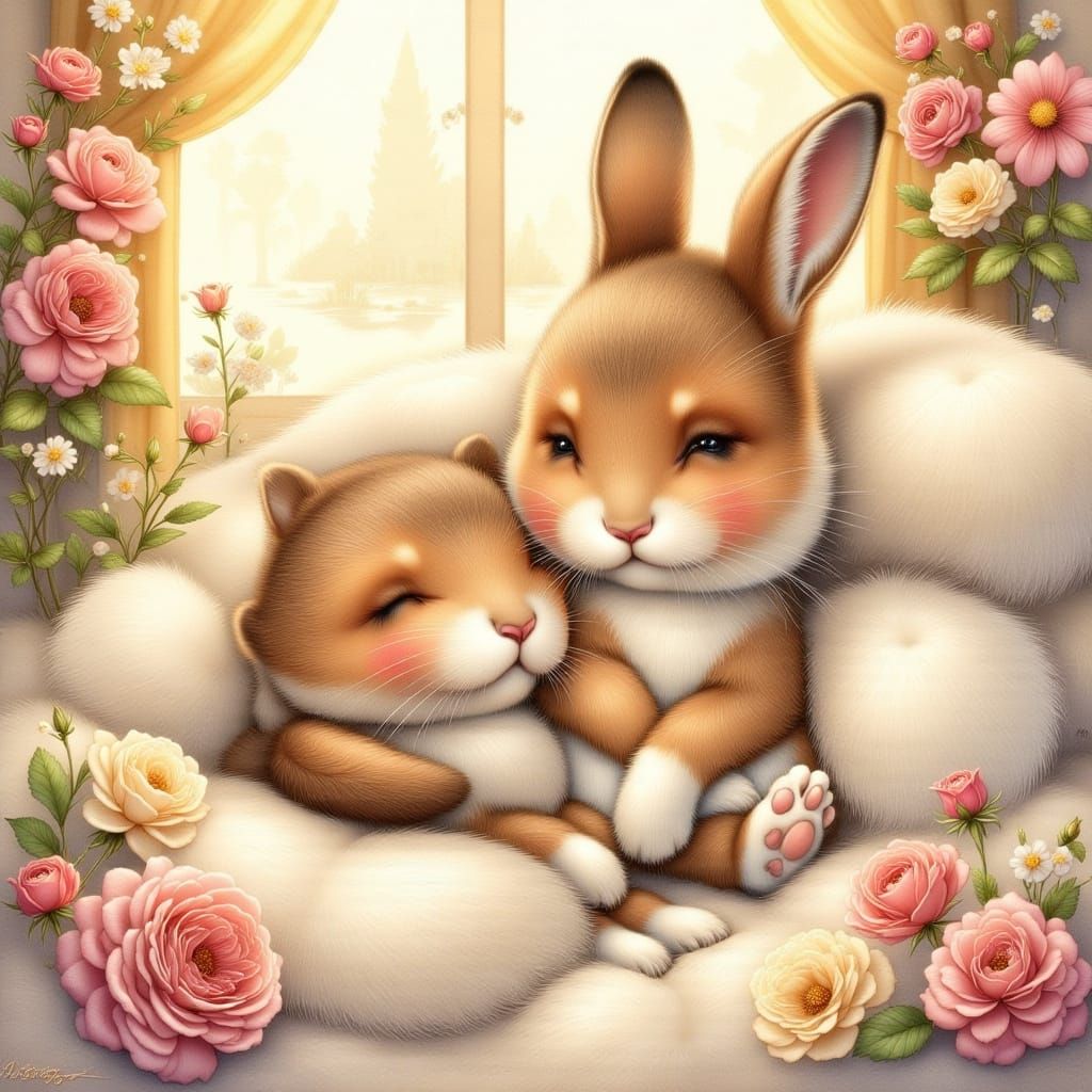 Whimsical Watercolor Bunny in Vintage Card Style