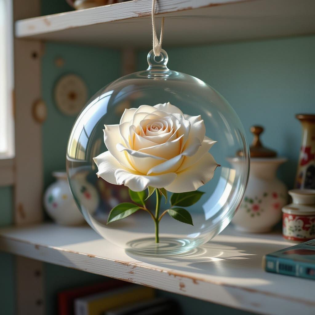 Porcelain Rose in Glass Bubble, Hyperrealistic Style