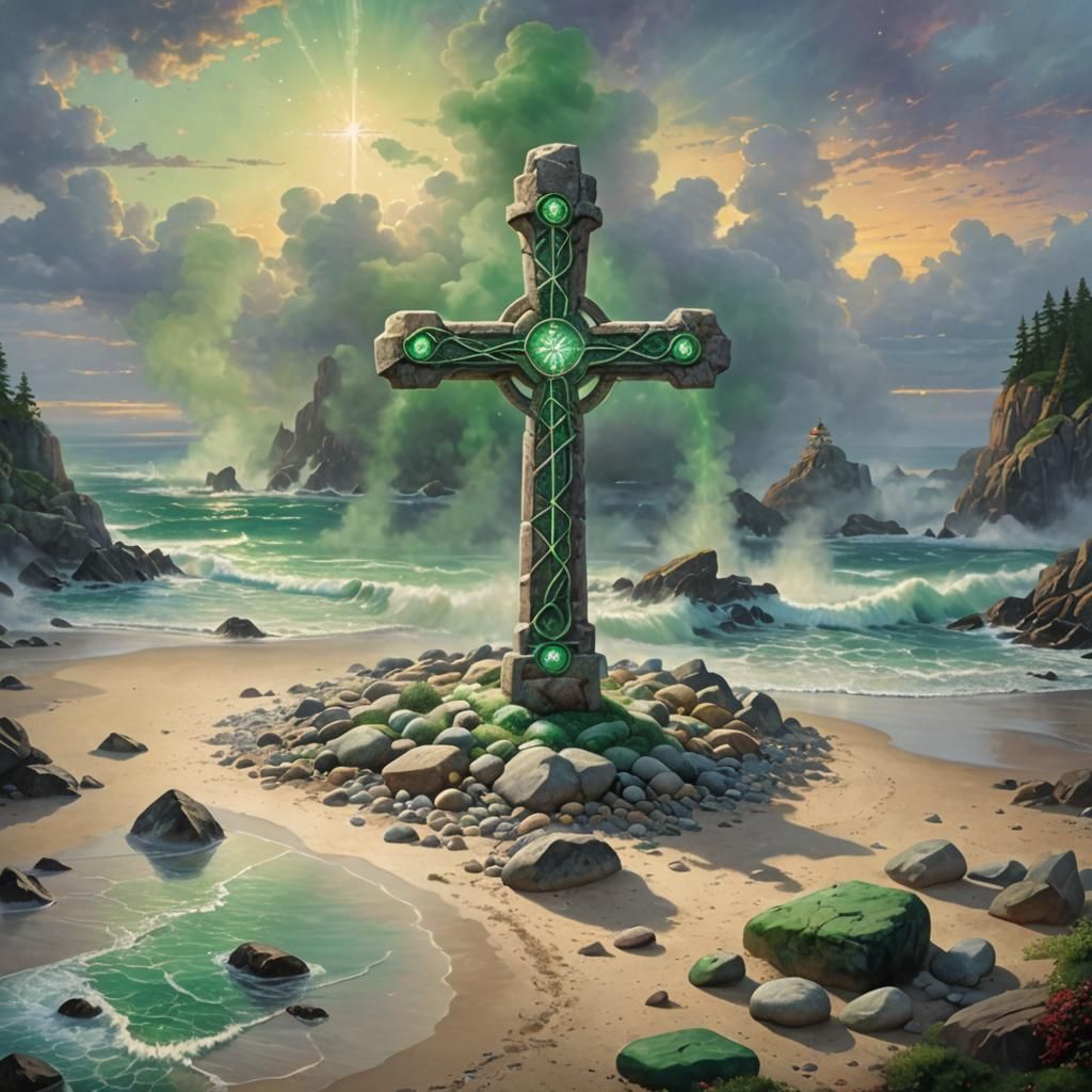 Celtic Cross on Stone Beach with Green Smoke