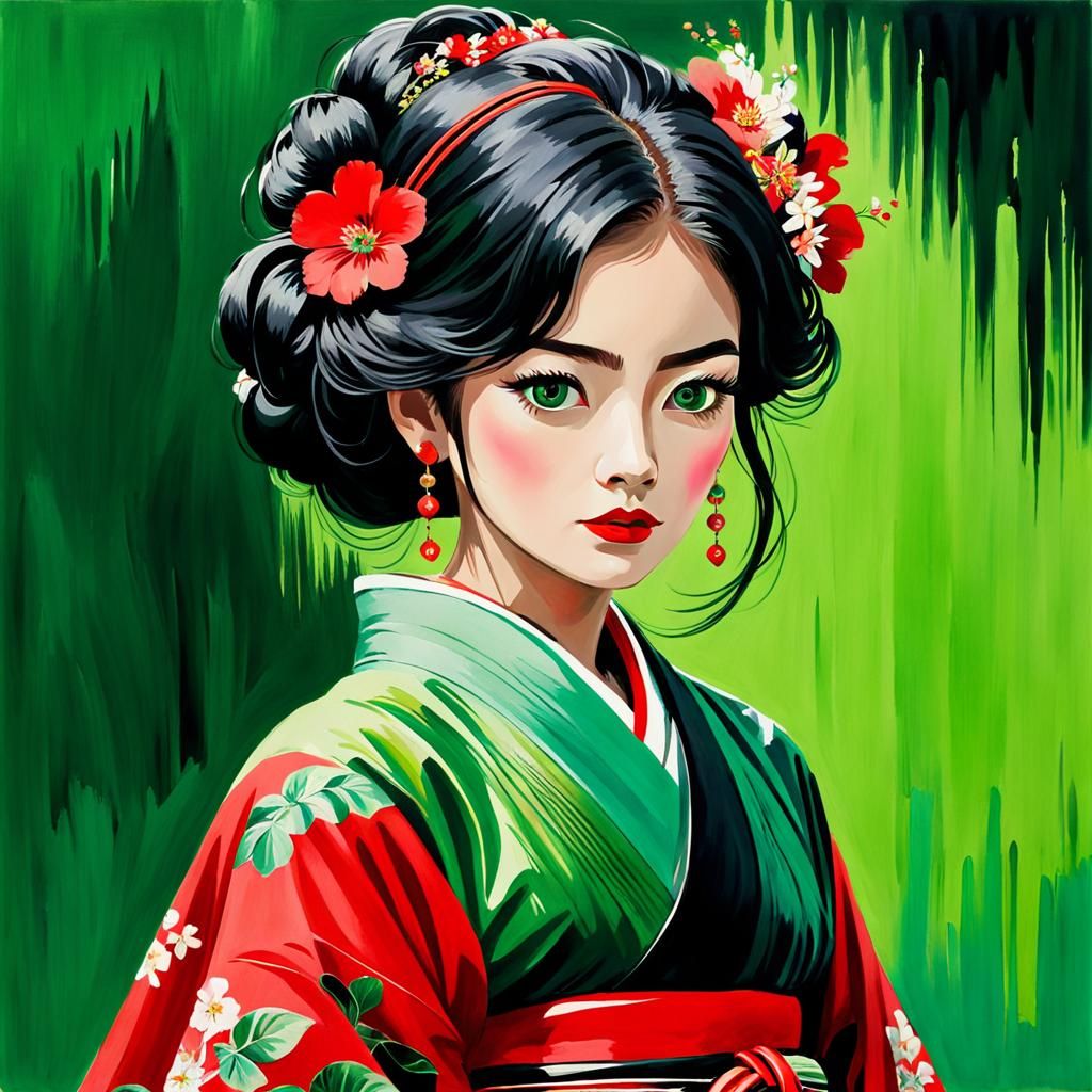 Samurai Girl with Flowing Hair in Gouache Style