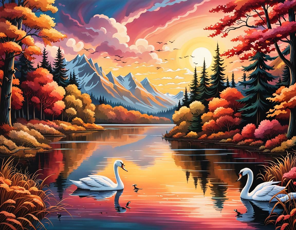 Autumn Swans: Cel-Shaded Watercolor Ink Drawing