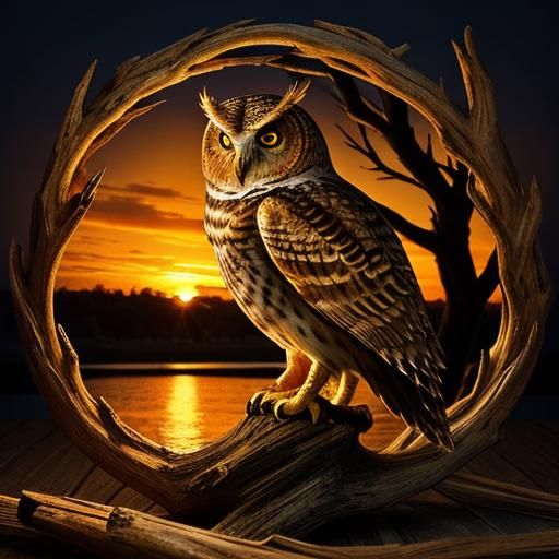 Driftwood Owl Against Golden Sunset