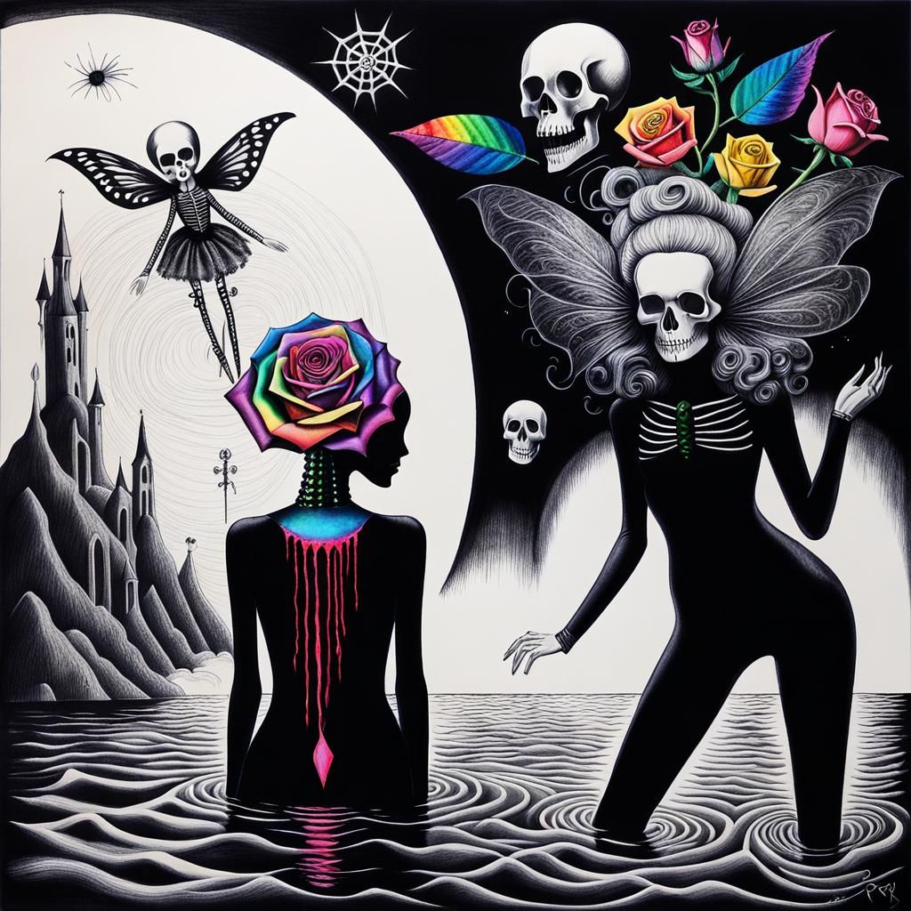 Gothic Woman in Pain: Surreal Crayon Drawing