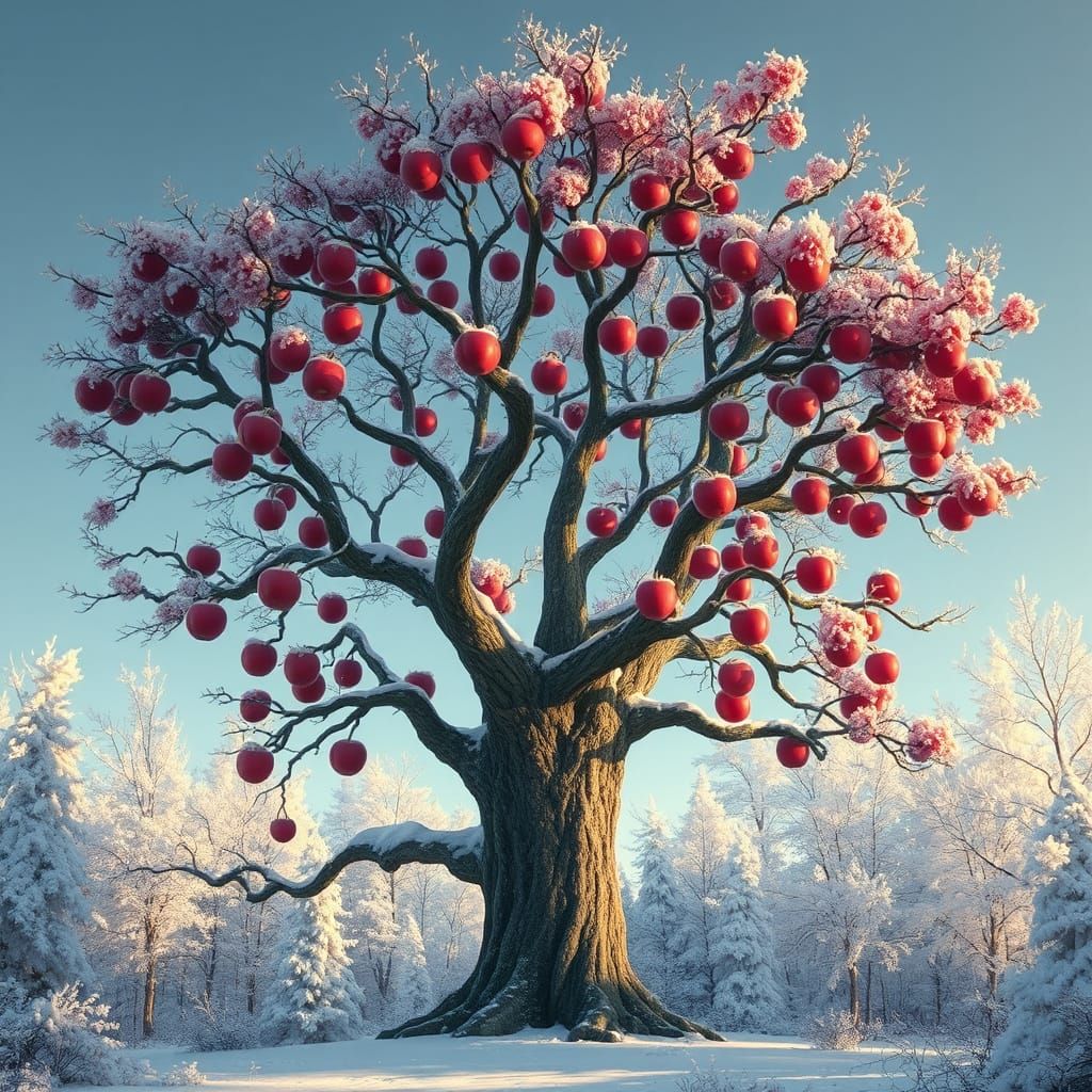 Apple Tree in Winter Forest, Fantasy Art Style