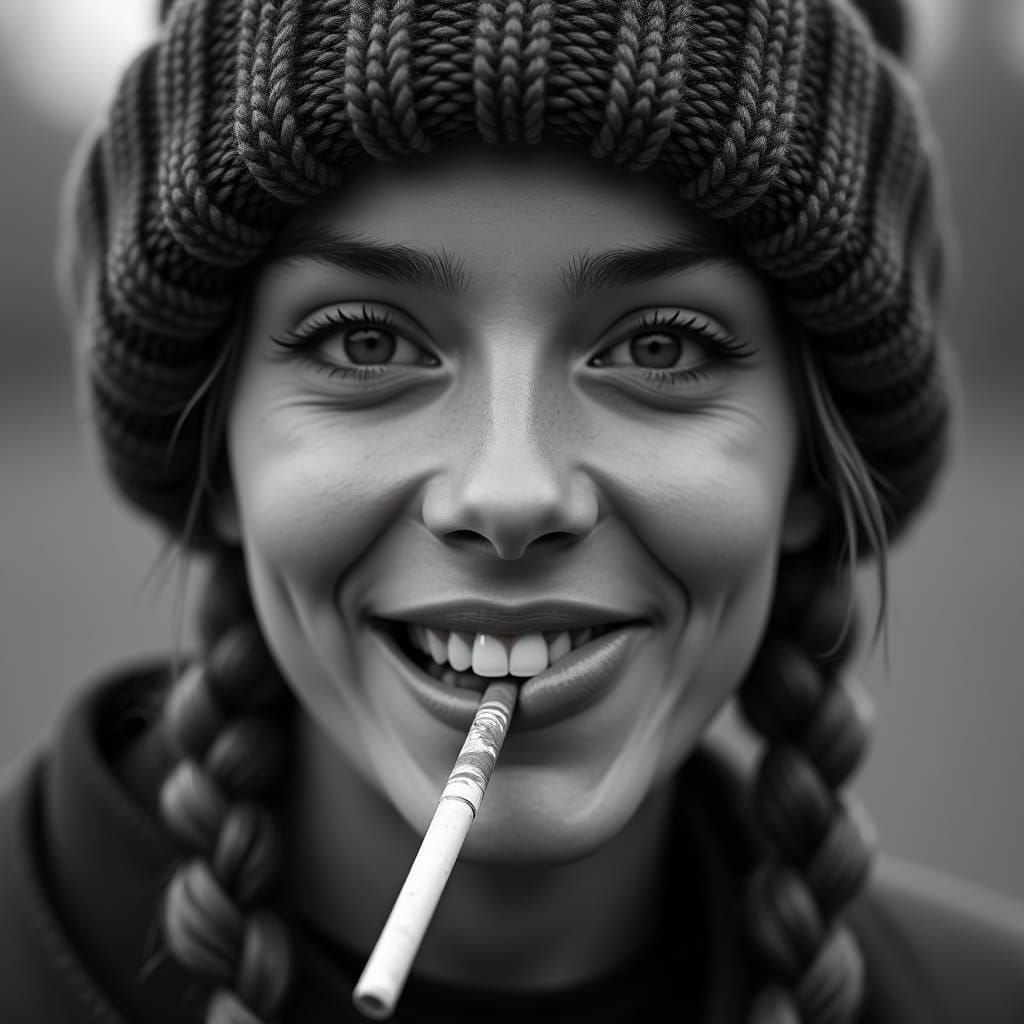 Hyperrealistic Black and White Portrait of Woman with Braids