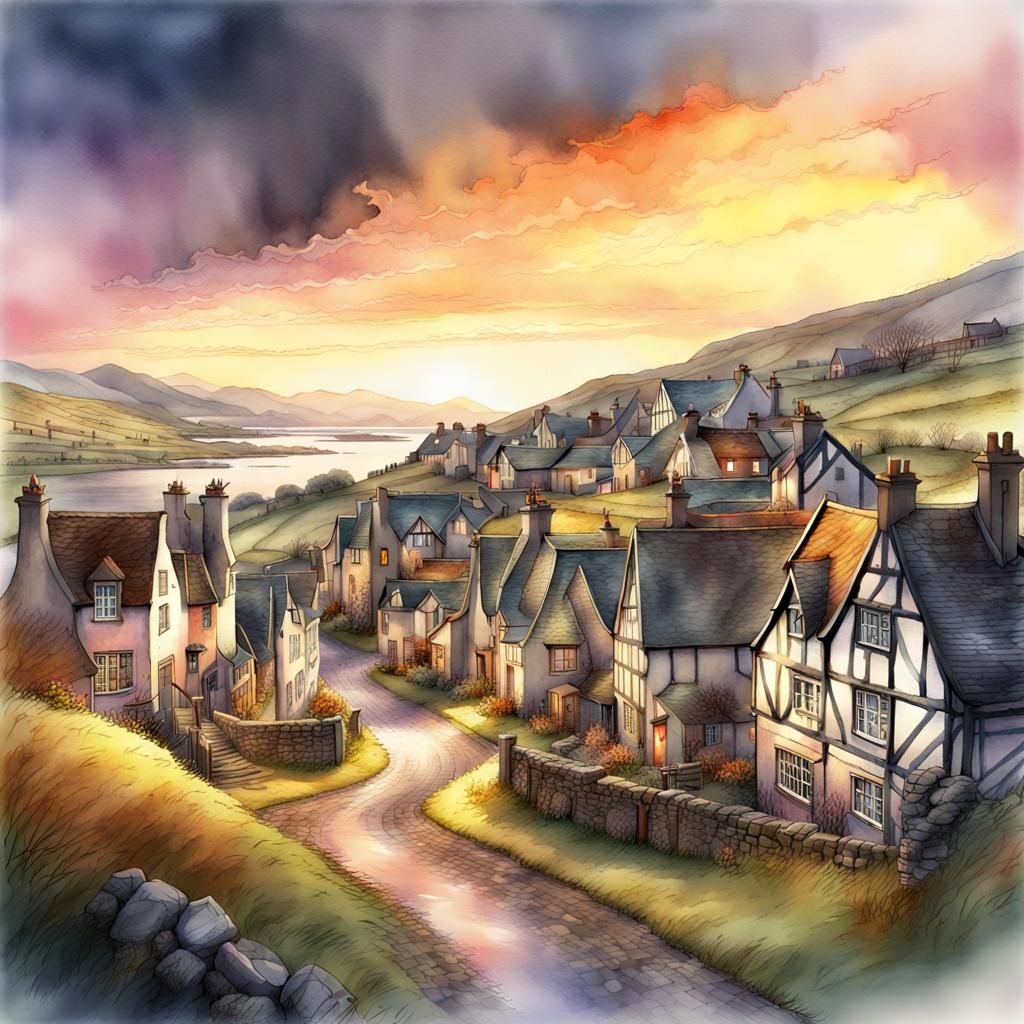 Scottish Town Landscape in Watercolor Style