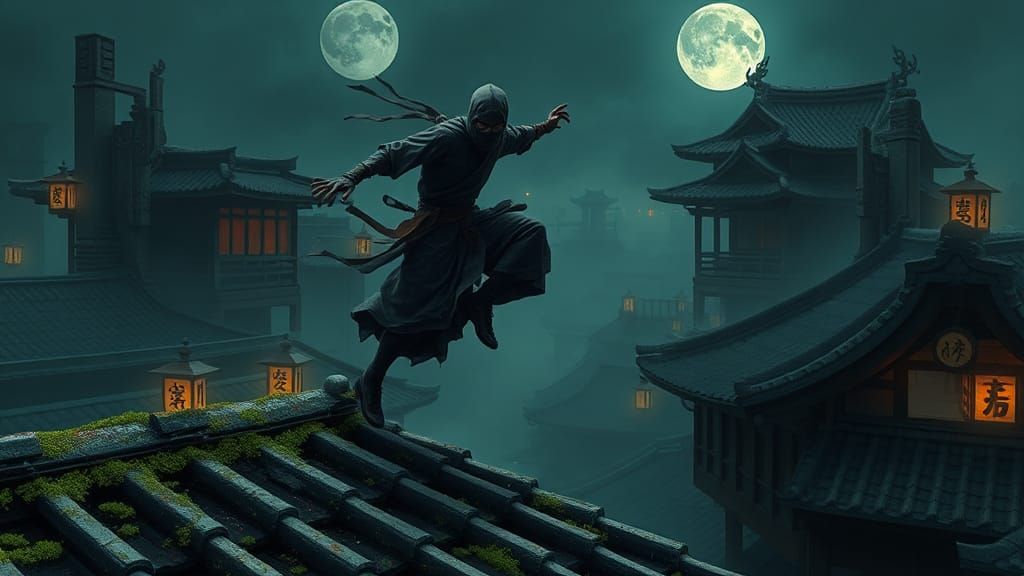 Ninja Leaping Across Rooftops in Gritty Comic Style