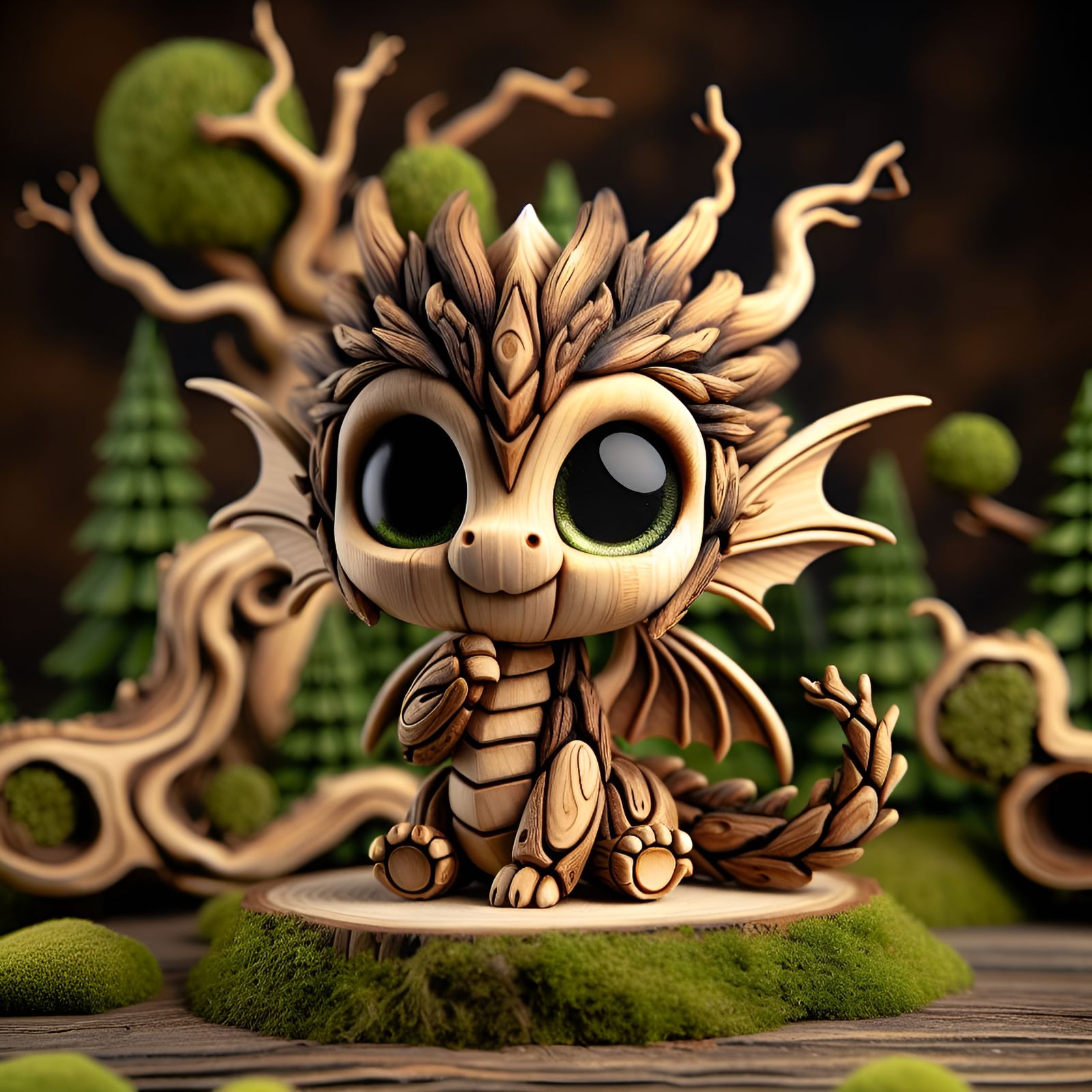 Adorable Wooden Dragon Baby in Fantasy Forest
