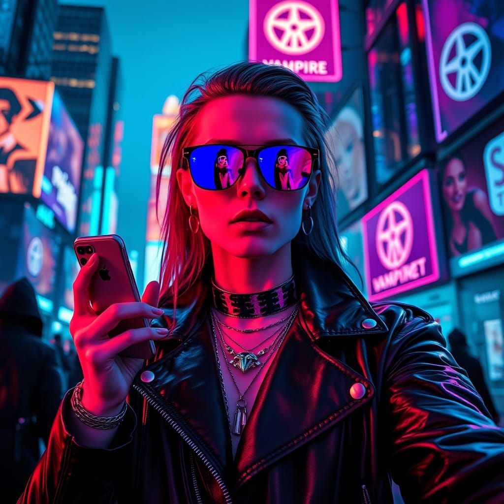 Stylish Vampire Influencer in Neon Cyberpunk City