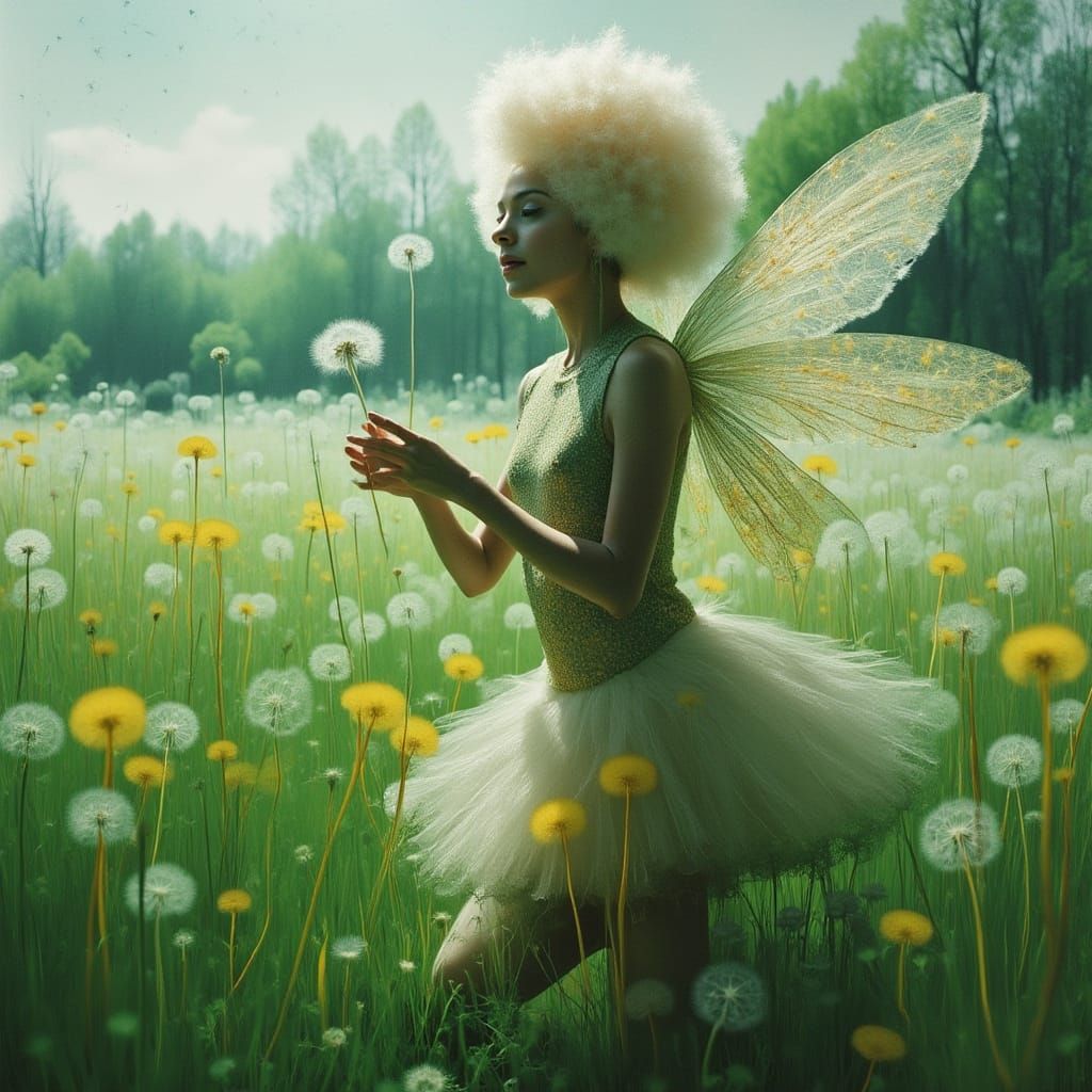 Dandelion Fairy Blowing Wisps in a Fantasy Landscape