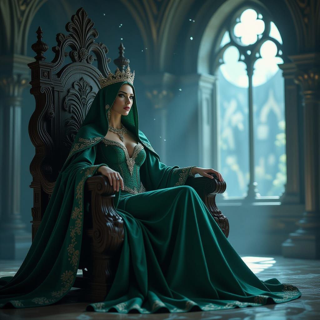 Queen on Ancient Throne Under Moonlight