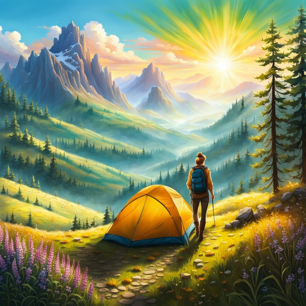 Blonde Backpacker in Mountain Field with Tent, Ethereal Digi...