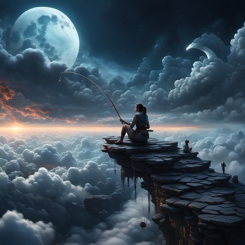 Girl Fishing on Moon in Dreamy Landscape