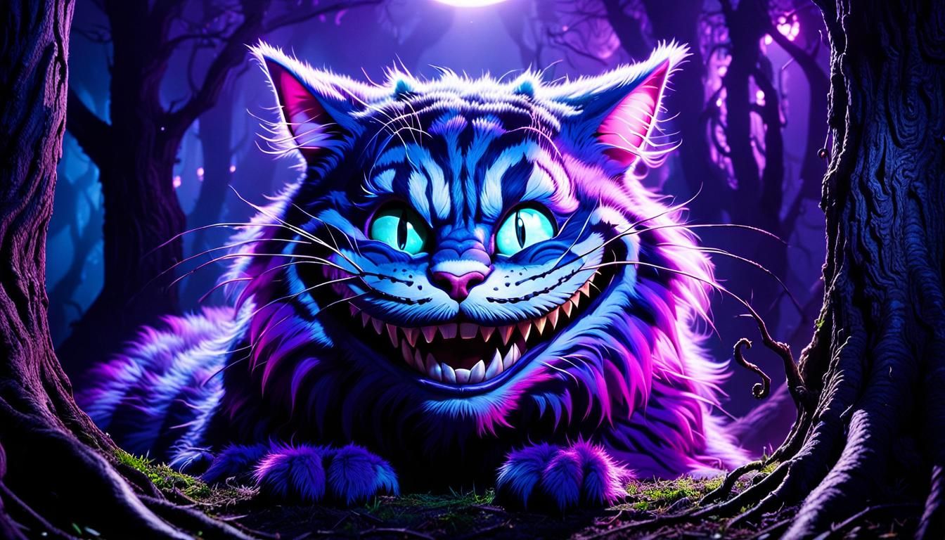 Surreal Cheshire Cat Portrait with Neon Glow