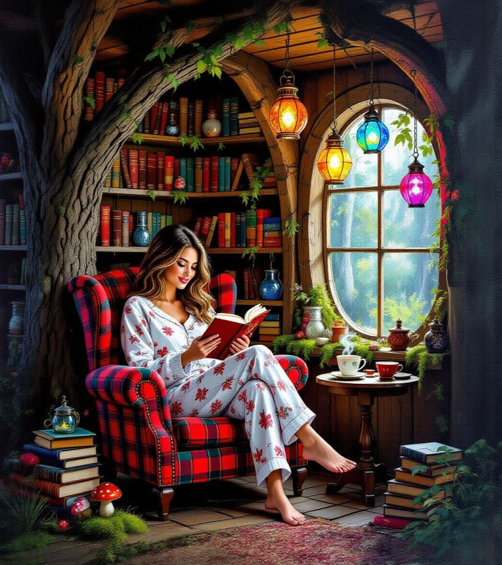 Cozy Treehouse Reading Nook, Impasto Style