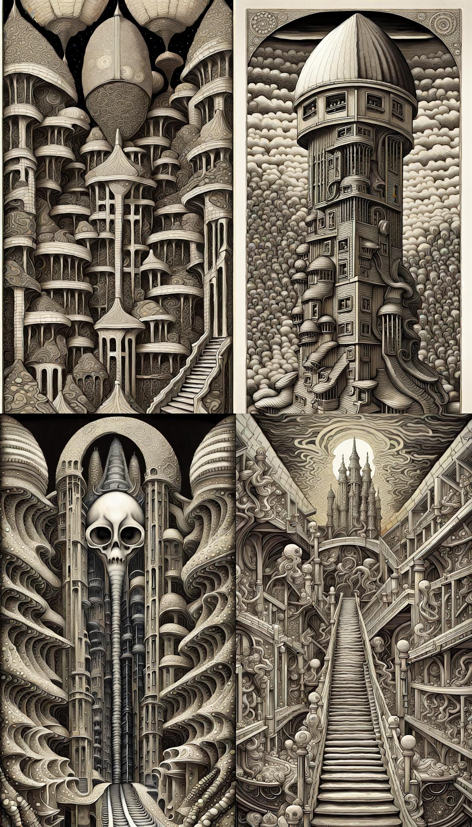 Escher-Inspired Optical Illusion in Lithograph Style