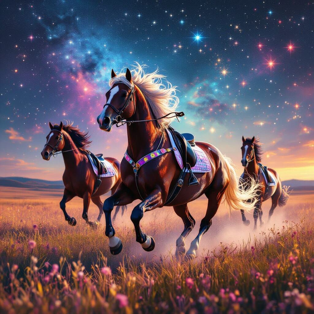 Racehorses Galloping Freely: Psychedelic Cosmic Illustration