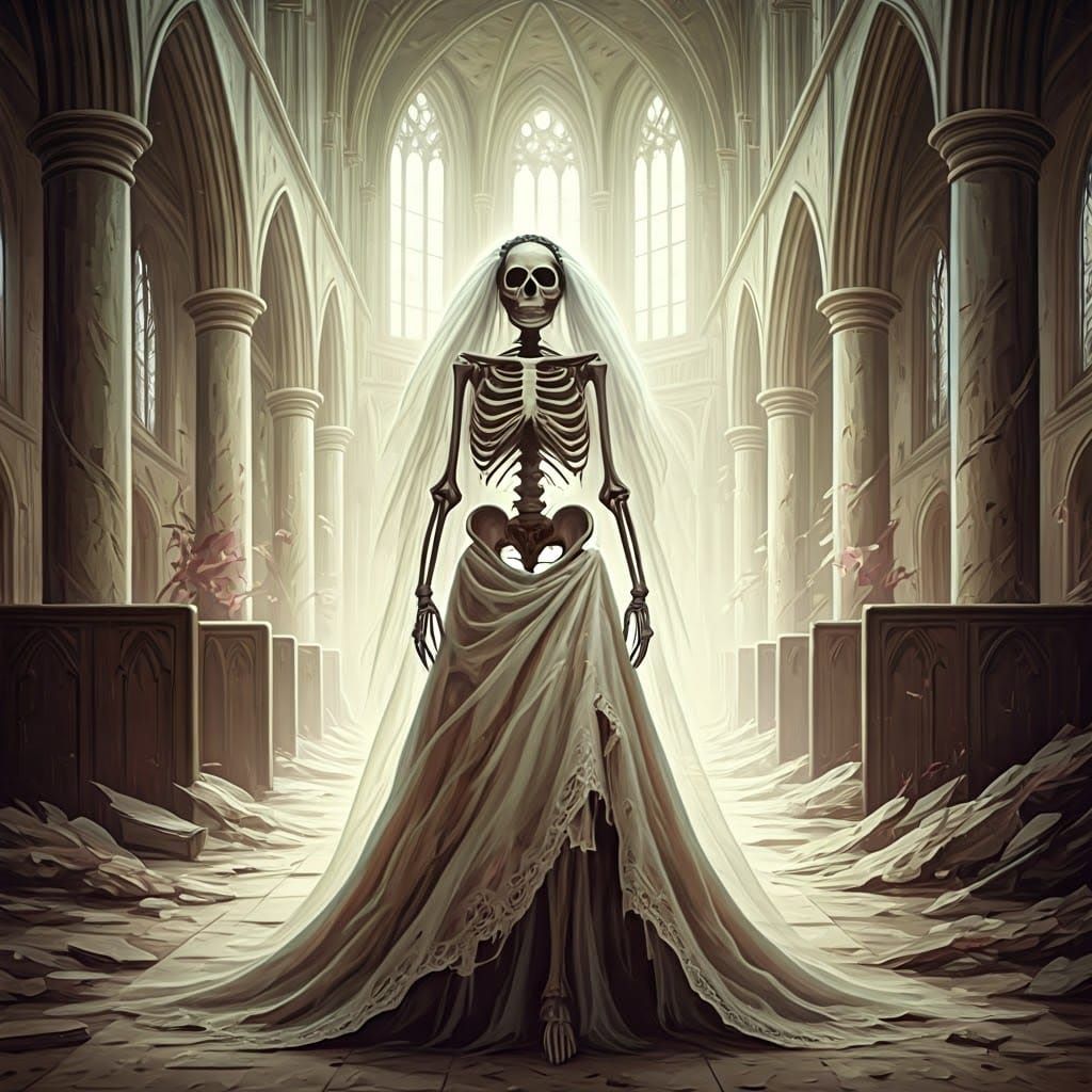 Skeleton Bride in Abandoned Church as Painterly Art