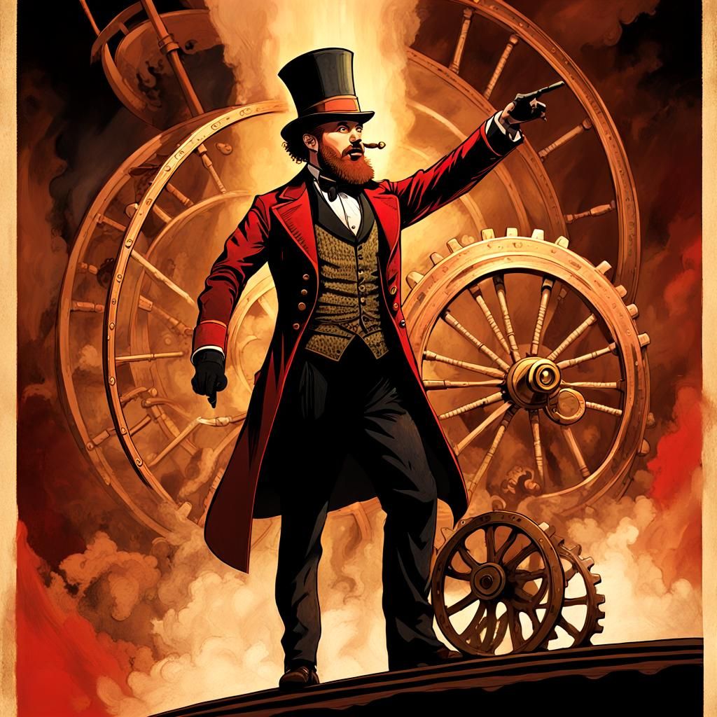 Steampunk Ringmaster Directs Shadowy Figure in Circus