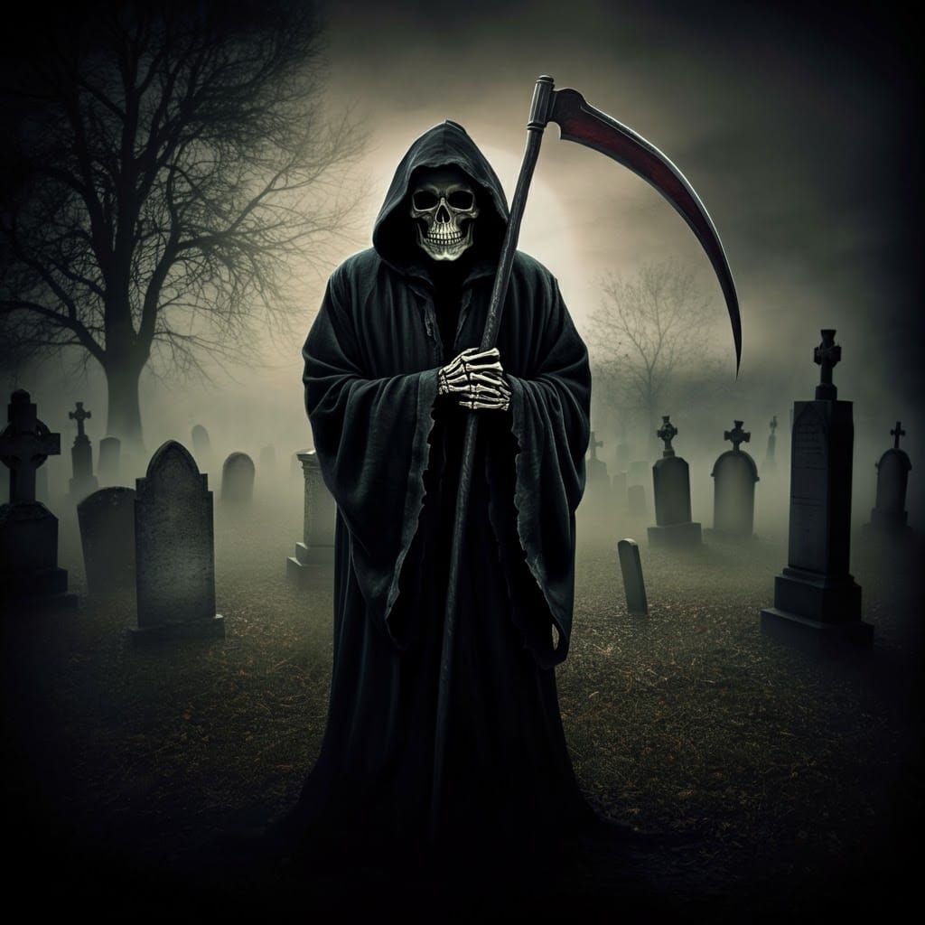 Grim Reaper in Mist-Shrouded Graveyard