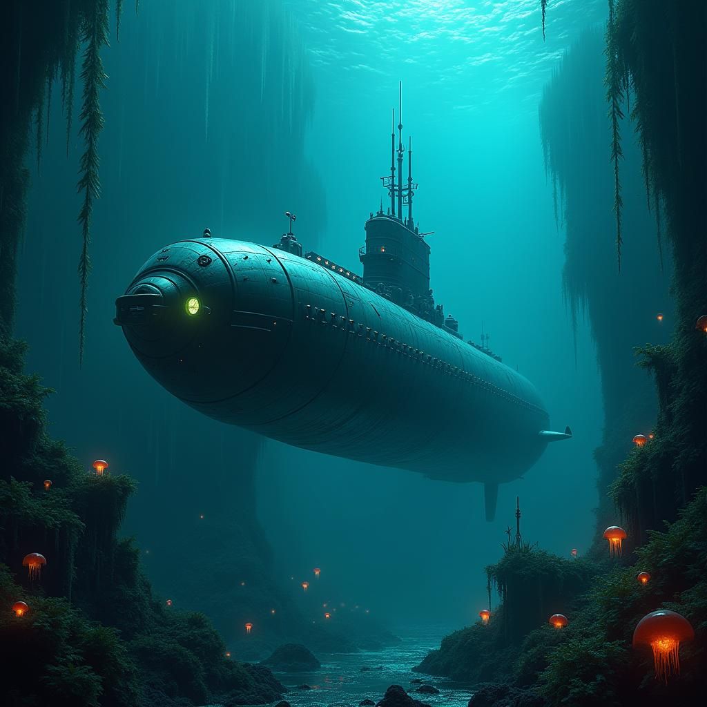Submarine in Bioluminescent Underwater City