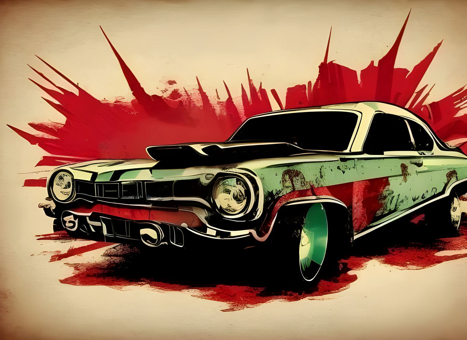 Punk Rock Scene with Vintage Car in Gouache