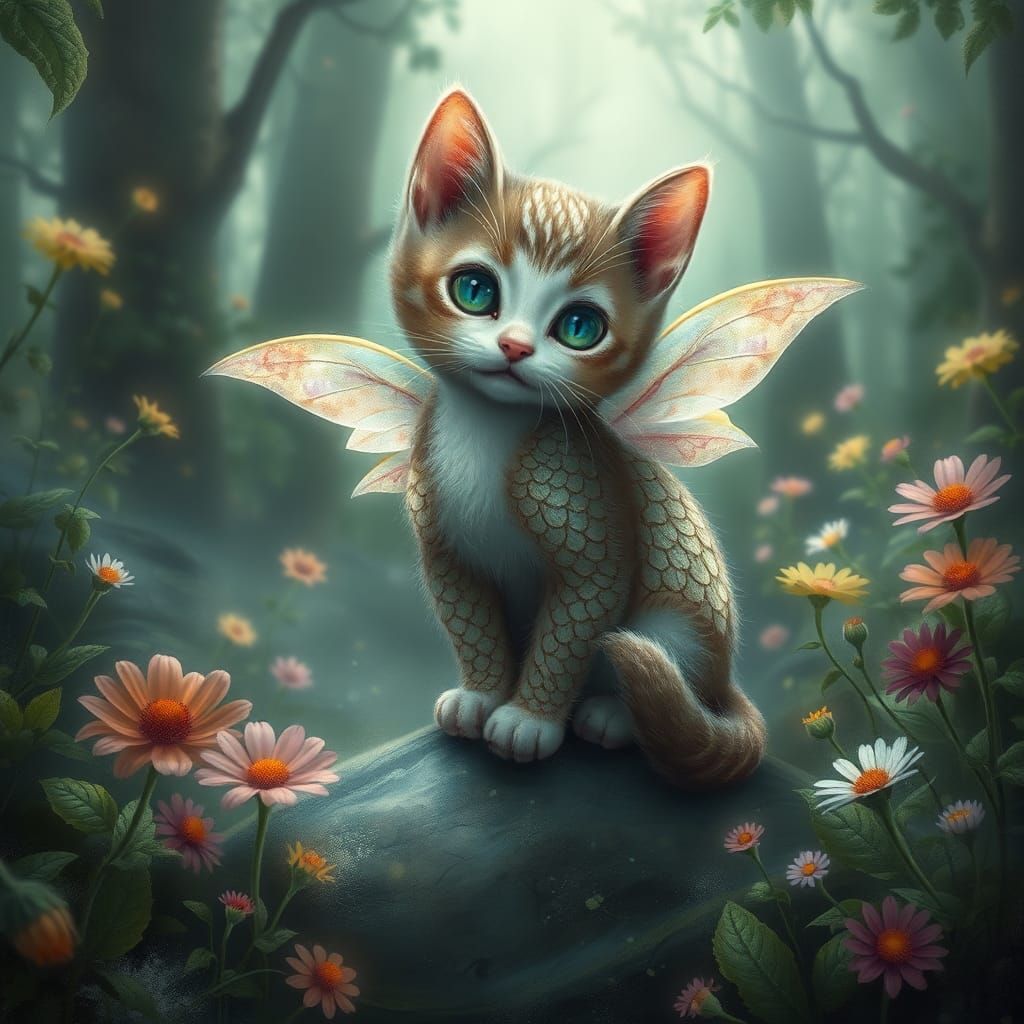 Whimsical Kitten Dragon in Dreamy Sci-Fi Landscape