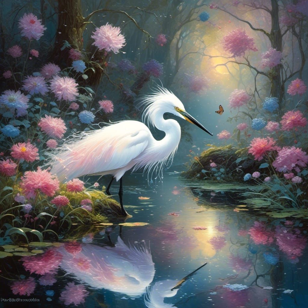 Snowy Egret in a Magical Forest