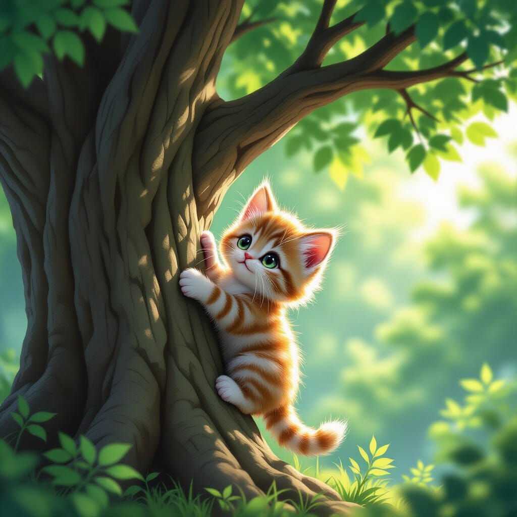 Fluffy Kitten Tries to Climb Ancient Tree