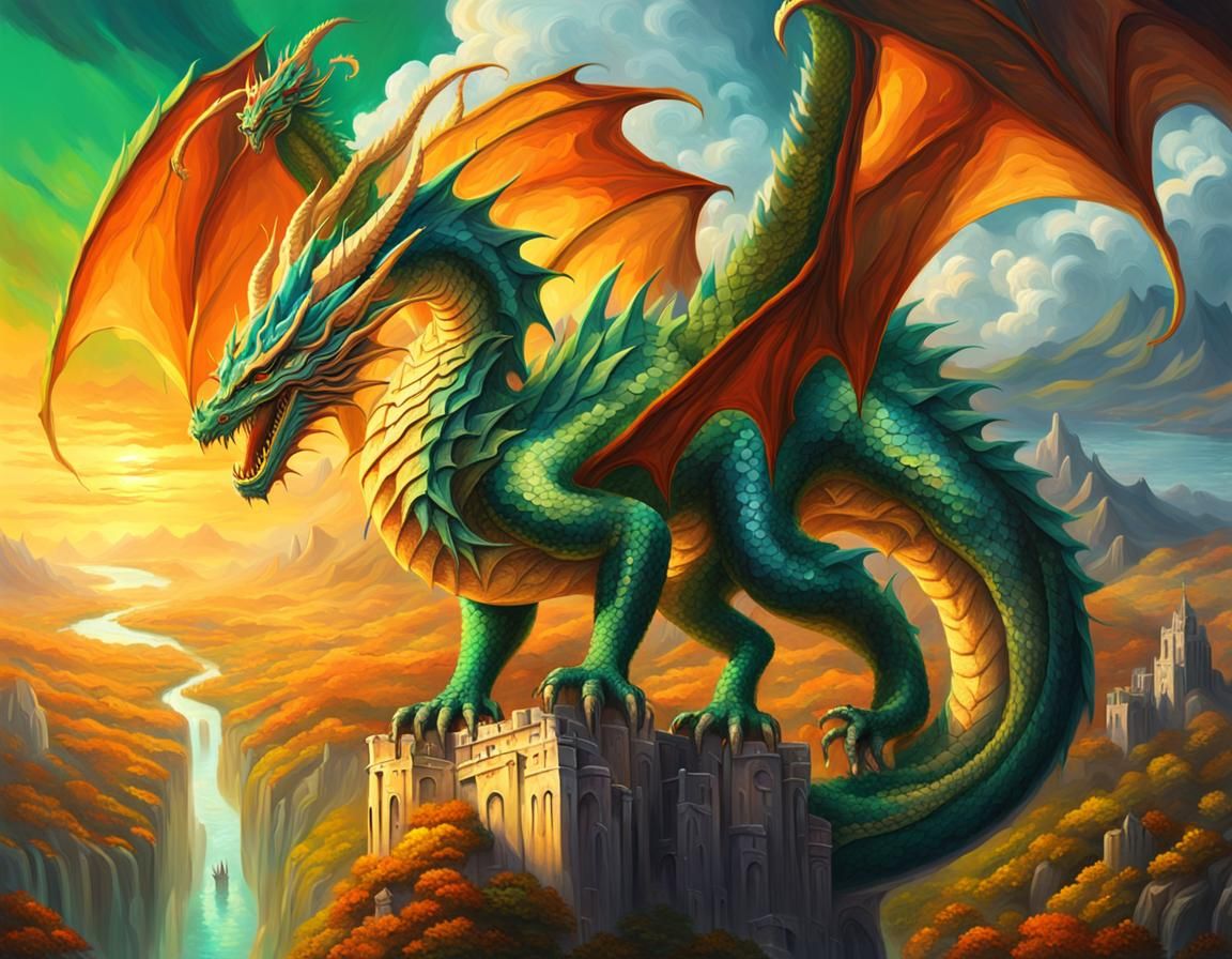 Majestic Dragon Over Fantastical Landscape as Oil Painting
